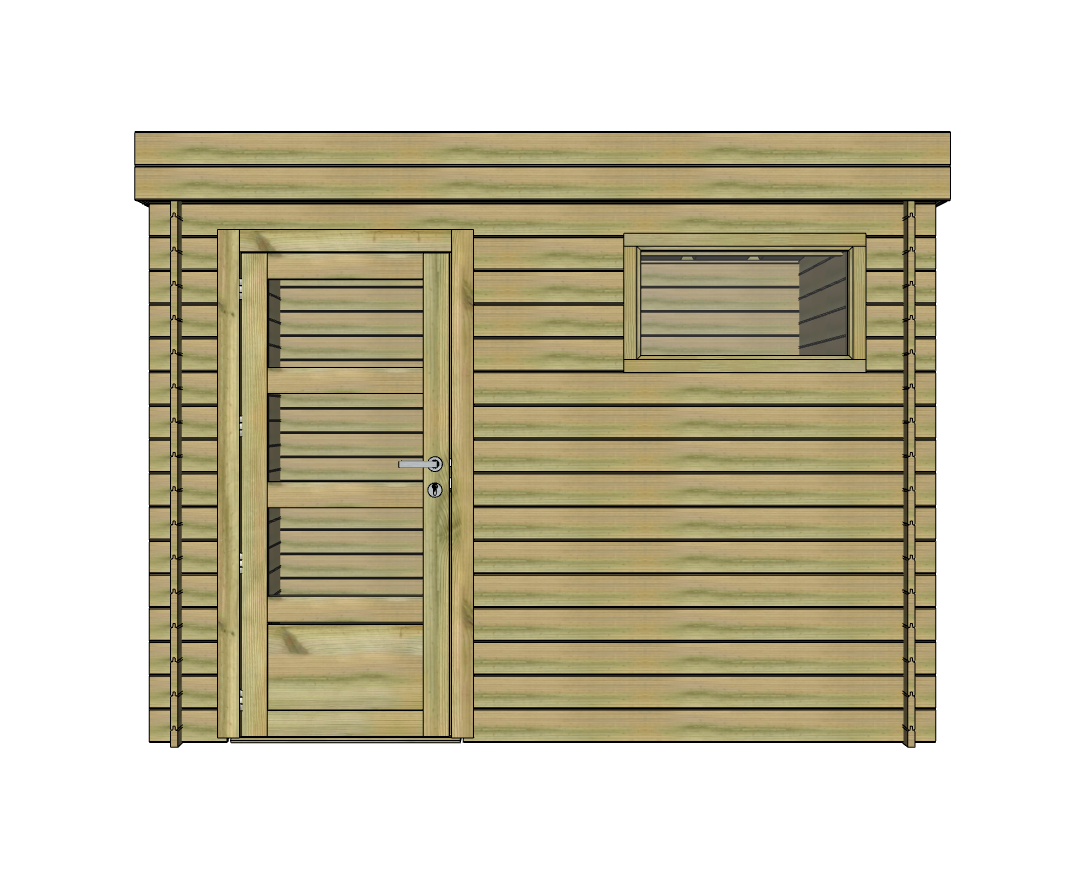 Abri de jardin en bois avec porte et fenêtre.