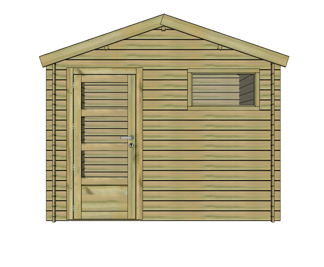 Abri de jardin en bois avec porte et fenêtre.