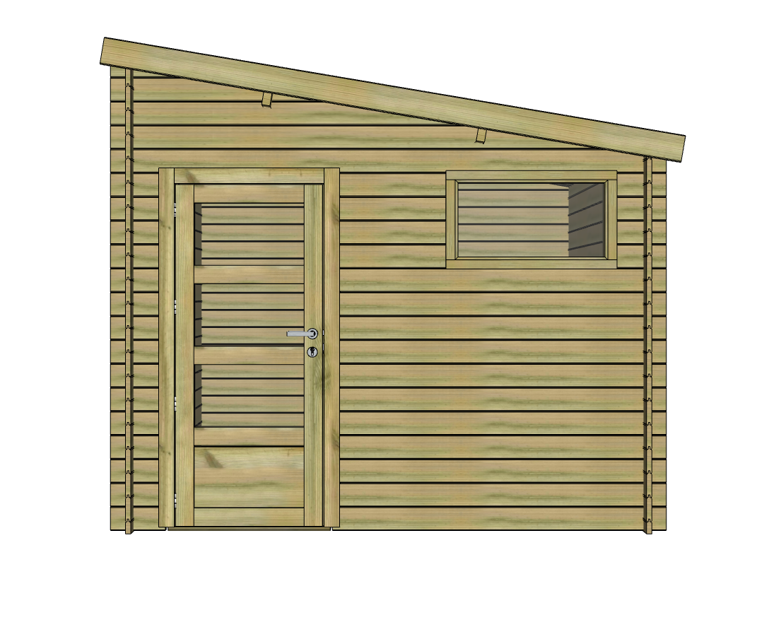 Abri de jardin en bois avec porte et fenêtre, toit incliné.