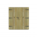 Double porte en bois clair, charnières noires, poignée, serrure.