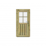 Porte en bois verte avec quatre carreaux vitrés, poignée argentée.