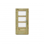 Porte en bois vitrée, trois panneaux, poignée moderne.