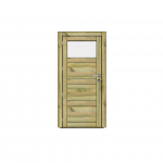 Porte en bois moderne avec fenêtre et poignée métallique.