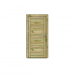 Porte en bois traité avec poignée métallique sur fond blanc.
