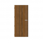 Porte en bois à lattes, poignée argentée, fond blanc.