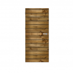Porte en bois à lattes horizontales avec poignée argentée.