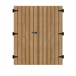 Double porte en bois avec charnières noires et poignée simple.