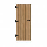 Porte en bois à lattes, charnières et poignée noires.