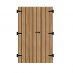 Porte en bois clair, lames verticales, charnières et poignée noires.