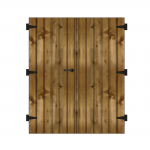 Porte double en bois clair avec poignée et charnières noires.