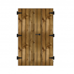 Porte en bois rustique avec gonds et poignée noirs.