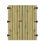 Portillon en bois clair avec poignée et charnières noires.