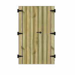 Porte en bois verticale avec charnières et poignée noires.