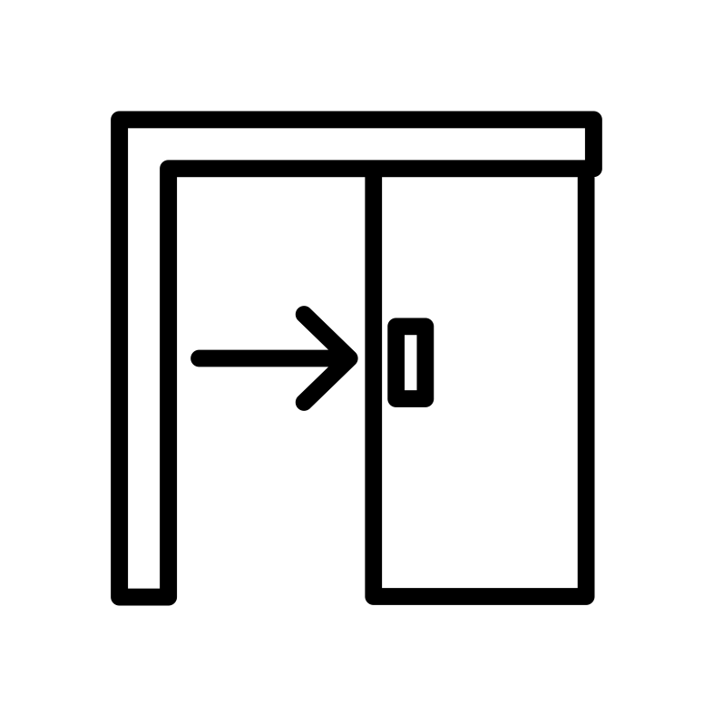 Icône de porte coulissante avec flèche d'entrée.