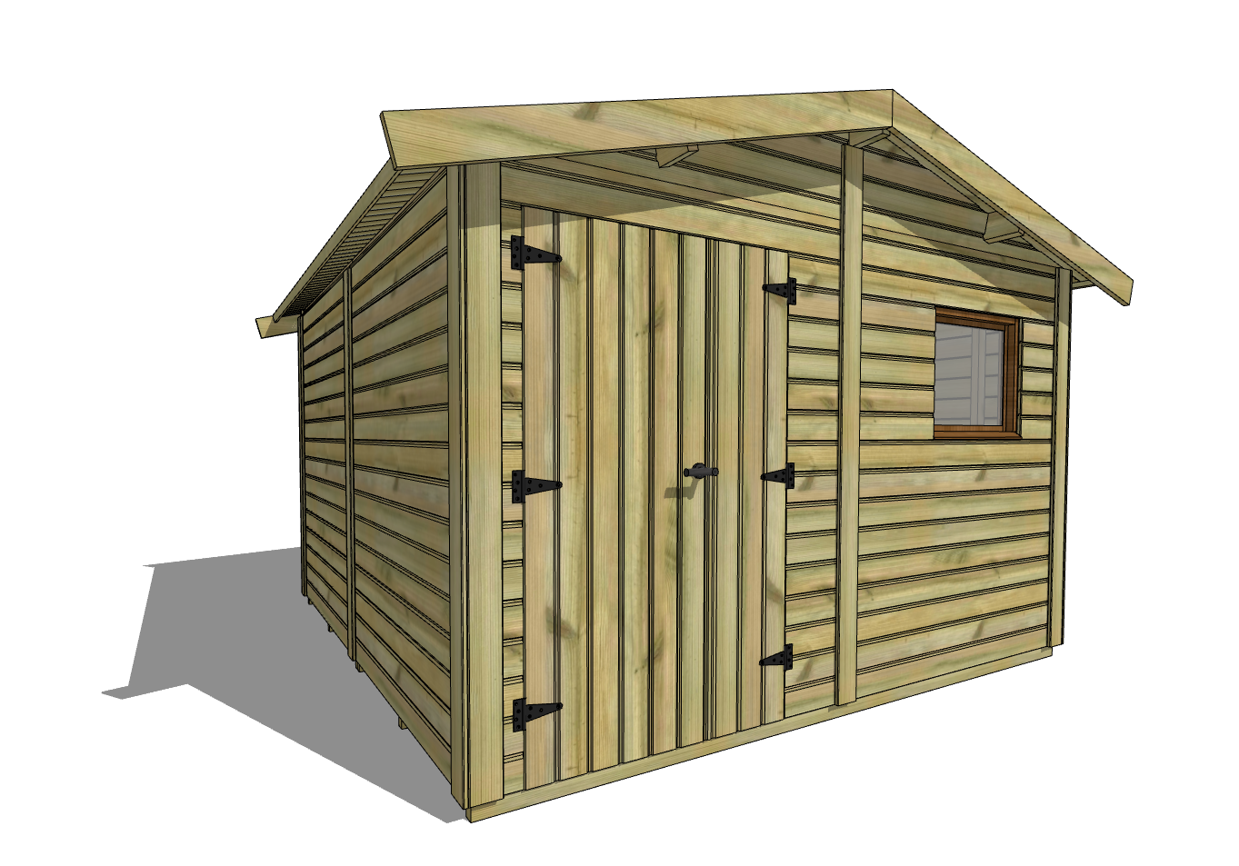 Abri de jardin en bois, double porte et fenêtre, toit pentu.