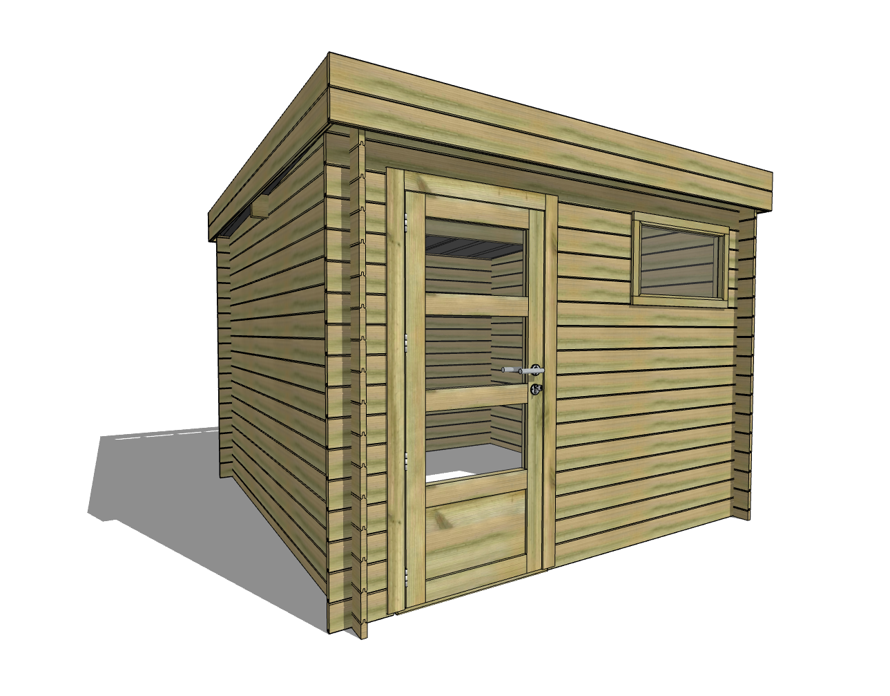 Abri de jardin moderne en bois avec porte et fenêtre.