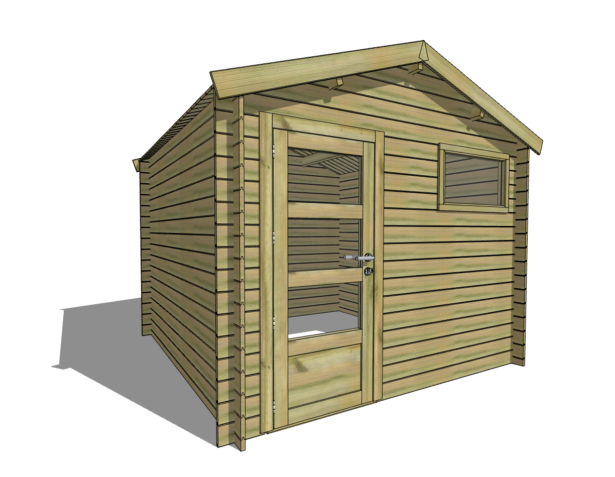 Abri de jardin en bois avec porte vitrée et fenêtre.