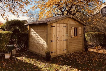 Abri de jardin en bois en automne avec feuilles dorées.