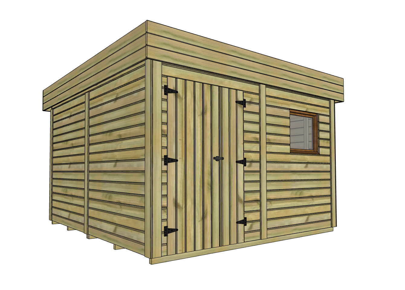 Abri de jardin en bois avec toit plat, porte et fenêtre.