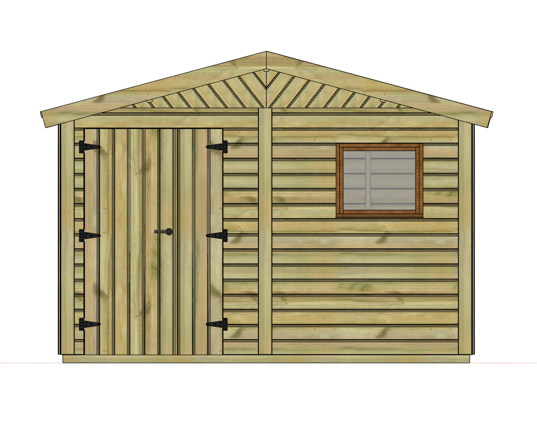 Abri de jardin en bois avec double porte et fenêtre.