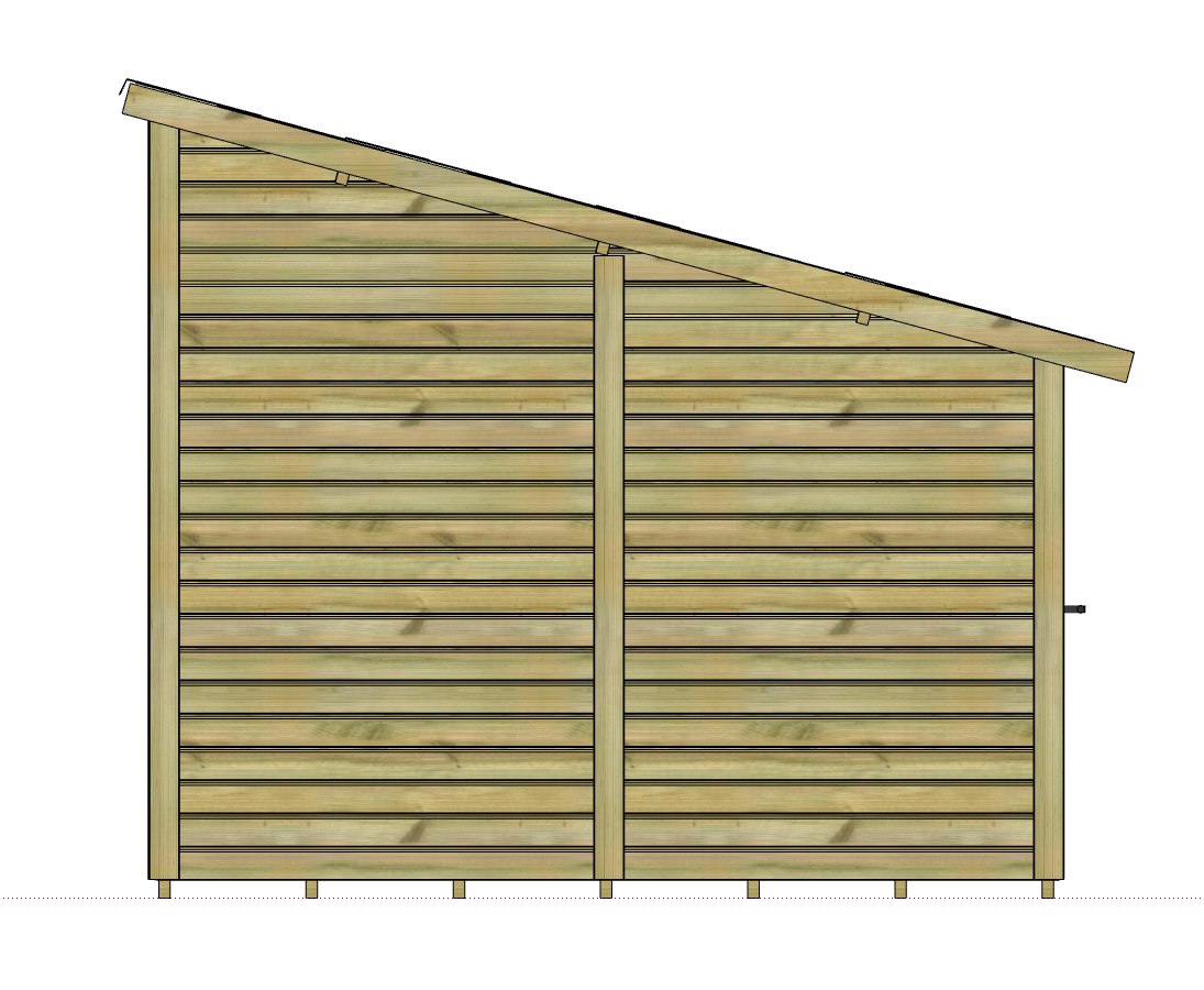 Abri bois toit monopente, bardage horizontal, vue latérale.