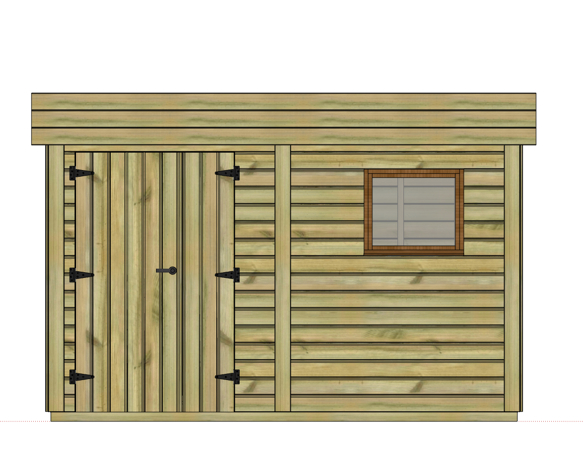 Abri de jardin en bois avec porte double et fenêtre.