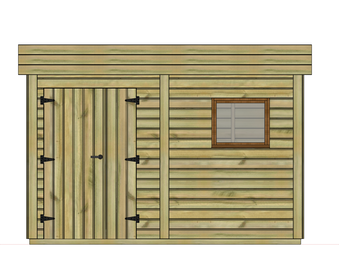 Abri de jardin en bois avec porte et fenêtre.