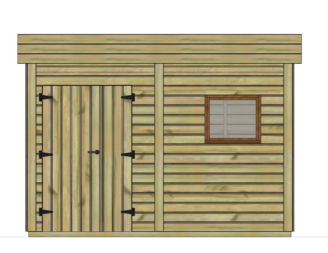 Façade d'abri de jardin en bois avec porte et fenêtre.