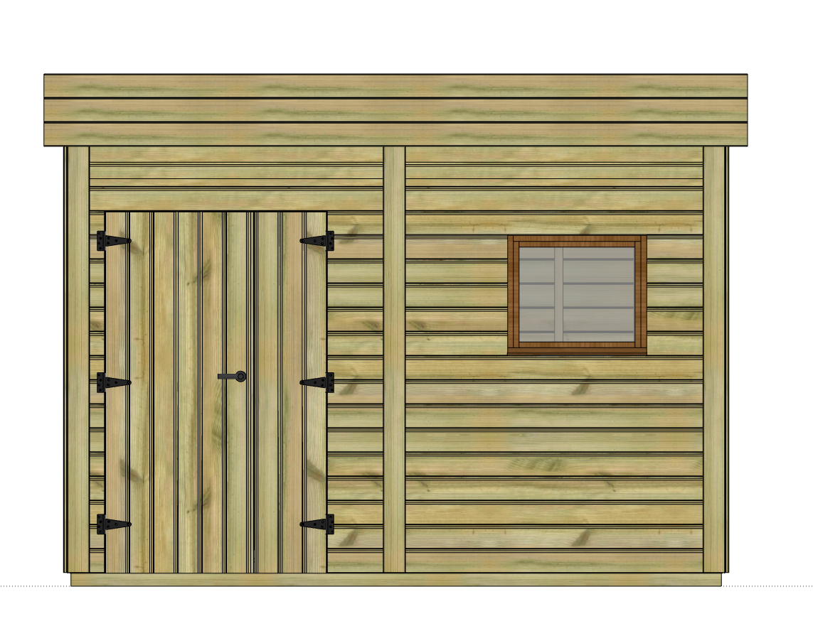 Vue avant d'un abri de jardin en bois avec porte et fenêtre.