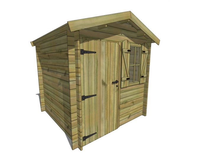 Abri de jardin en bois avec porte et fenêtre à volets.