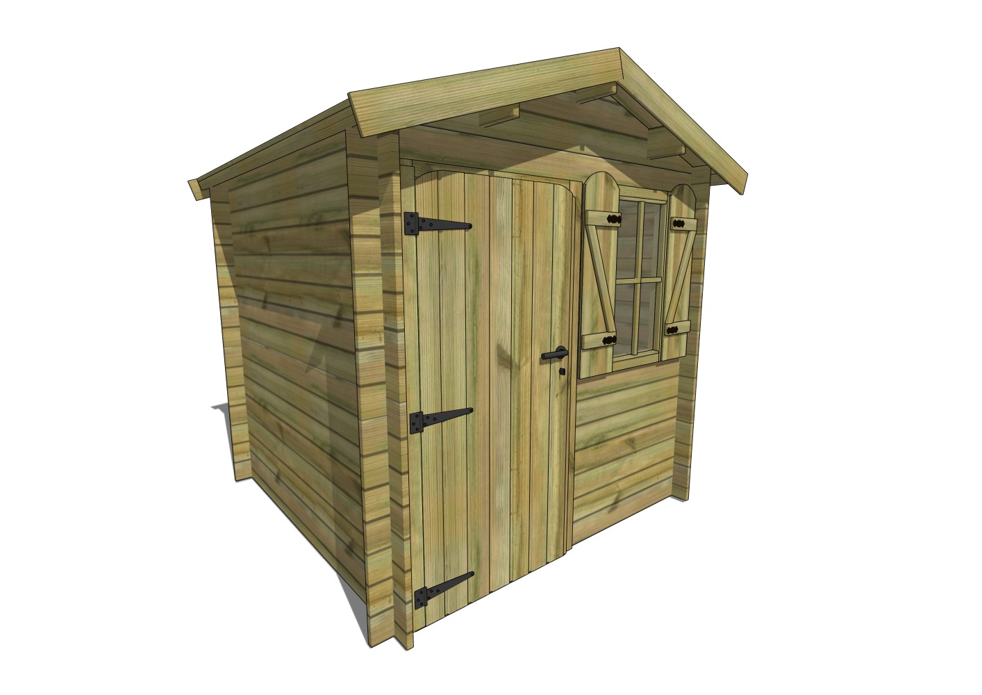 Abri de jardin en bois avec porte et fenêtre à volets.