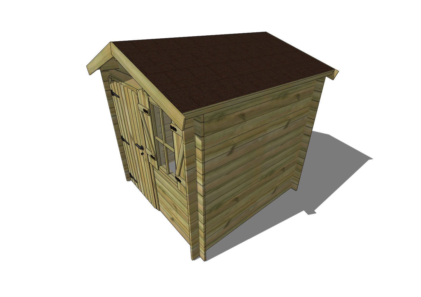 Abri de jardin en bois avec porte double et fenêtre.