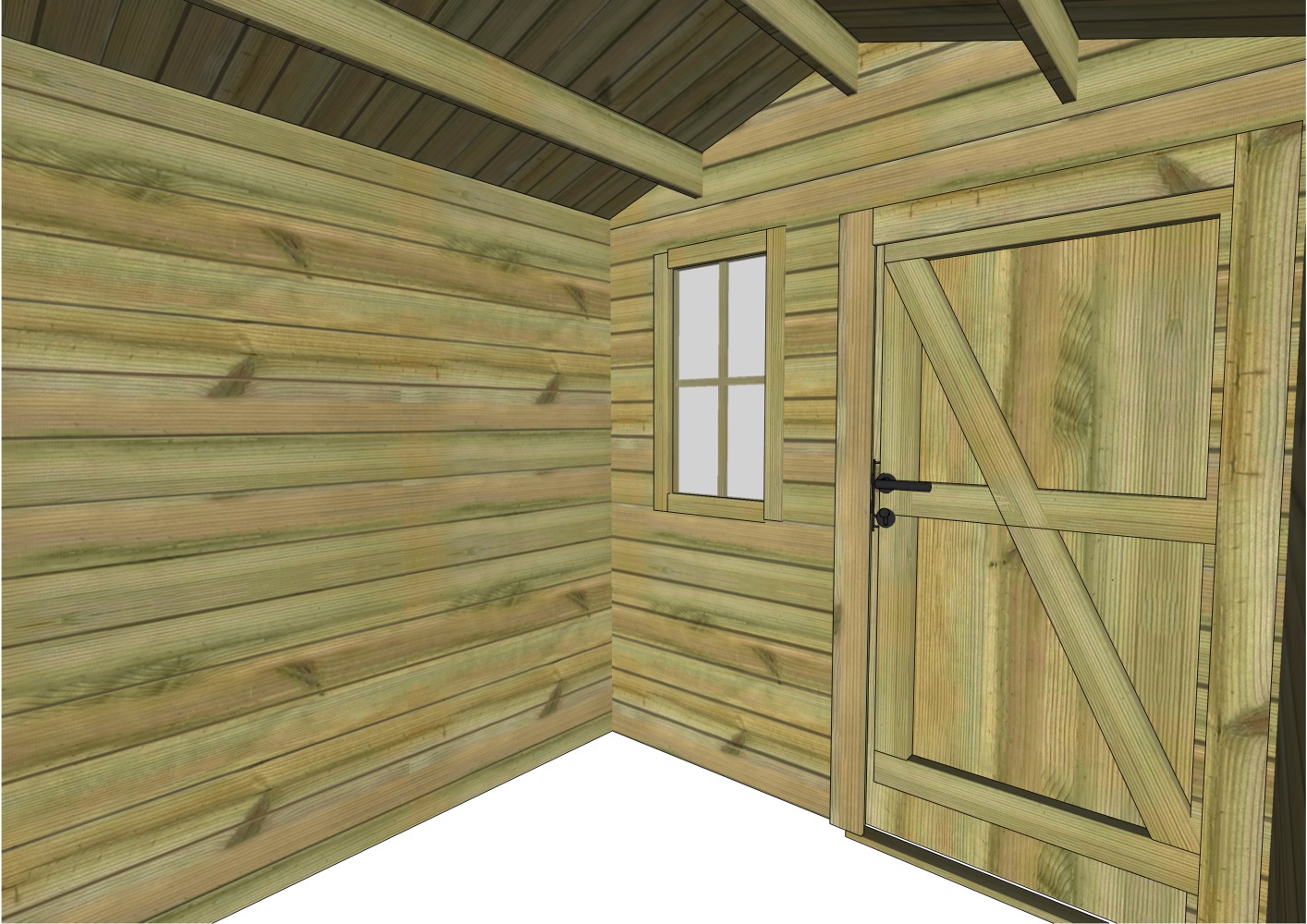 Intérieur abri de jardin en bois avec porte et fenêtre.