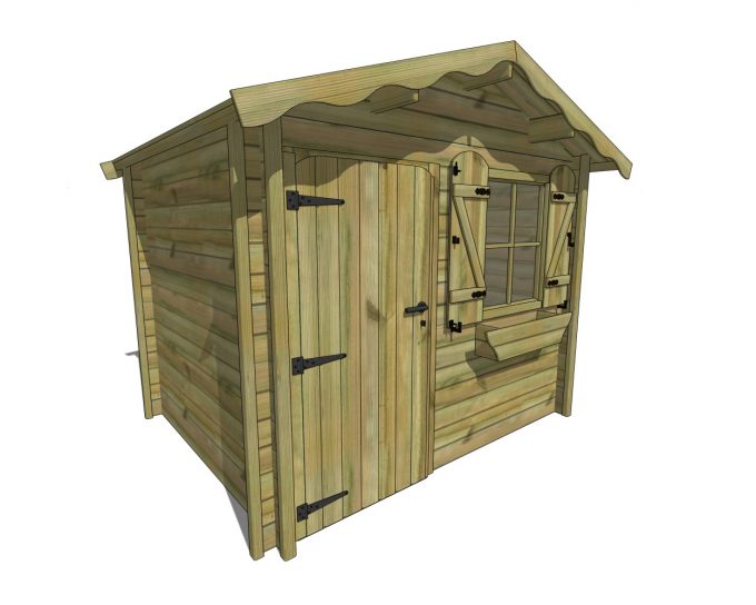 Cabane en bois pour enfant, fenêtre, volets et jardinière.