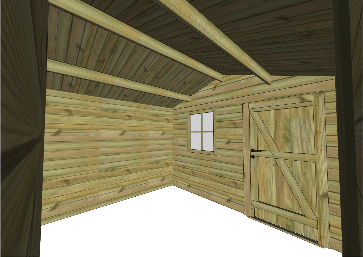 Intérieur abri de jardin en bois avec fenêtre et porte.