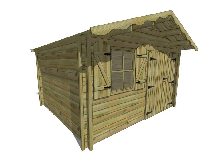 Abri de jardin en bois avec fenêtre et porte.