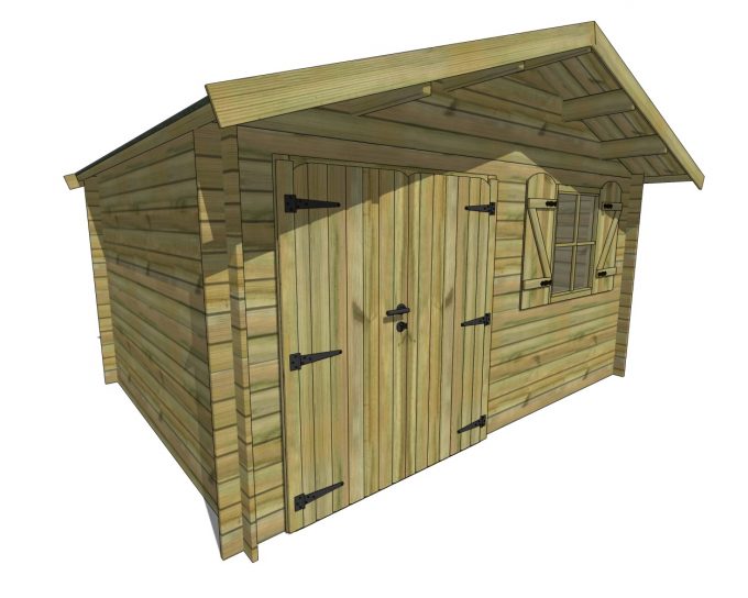 Abri de jardin en bois, double porte et fenêtre à volets.