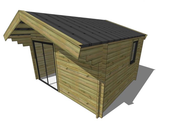 Abri de jardin moderne en bois avec toit monopente et porte vitrée.