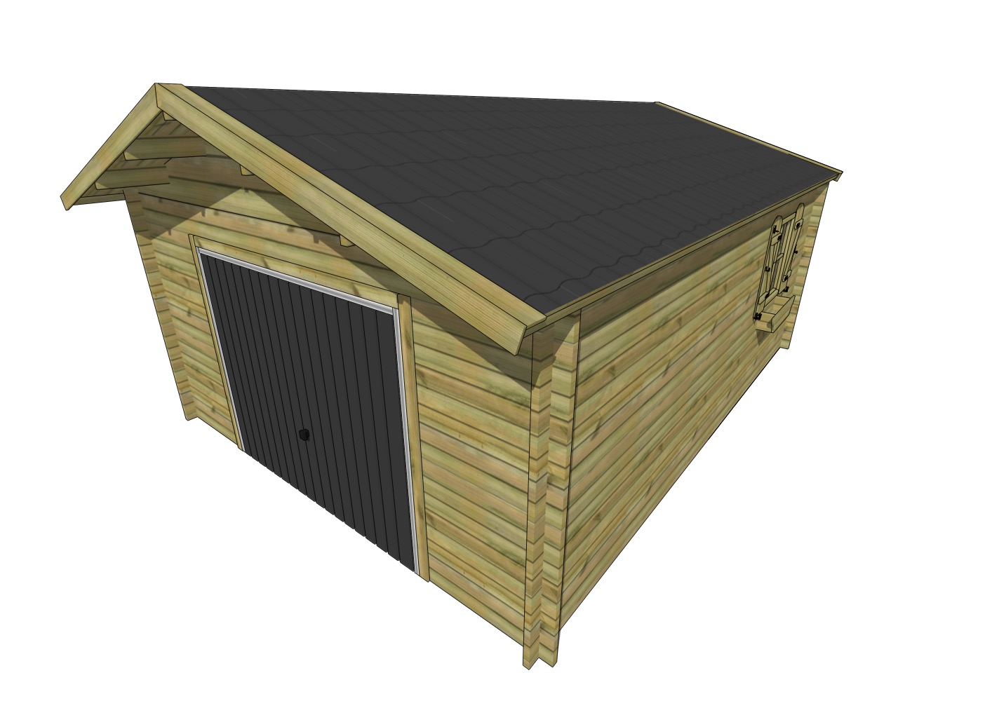 Abri de jardin en bois avec porte et toit gris foncé.