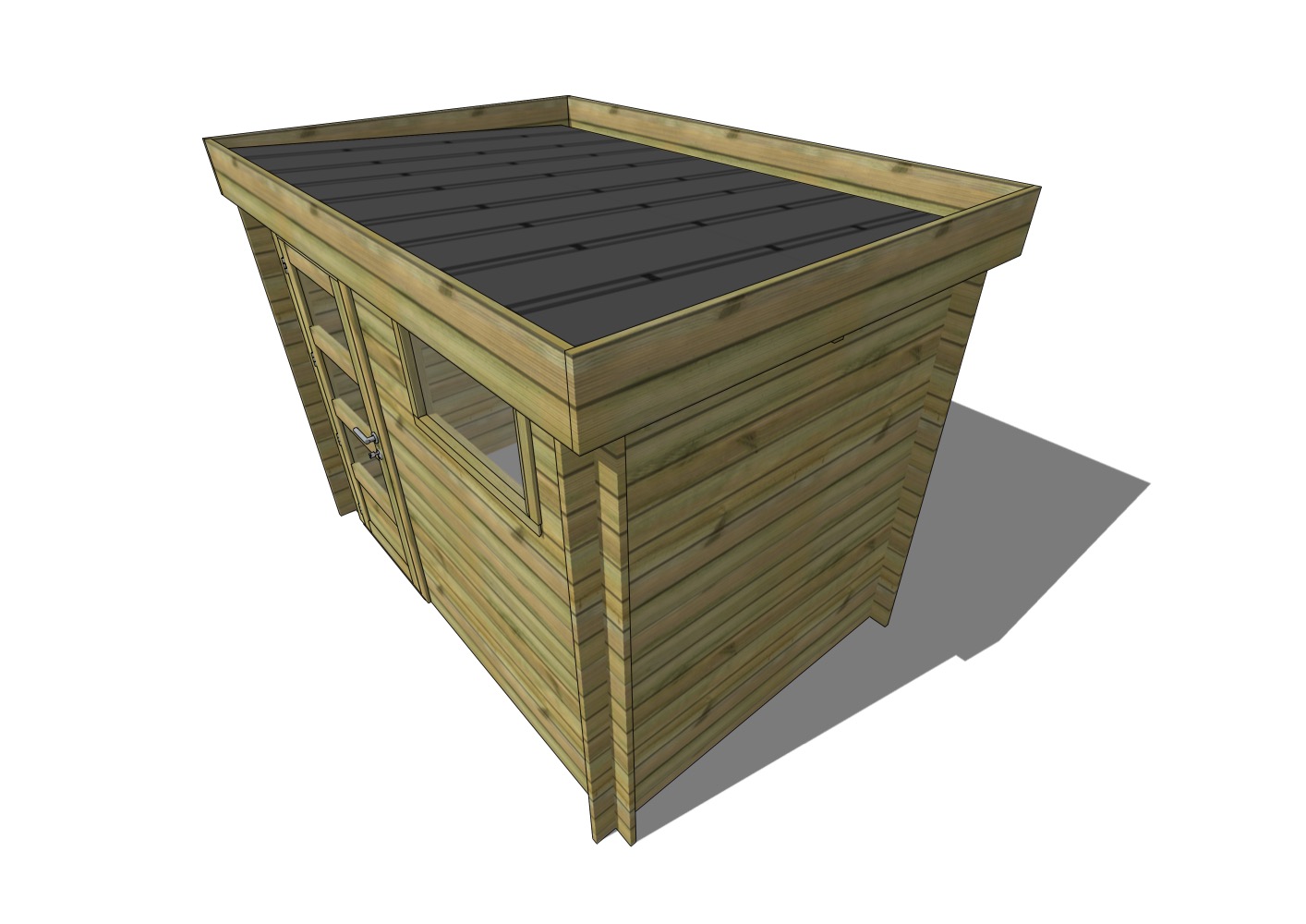 Rendu 3D d'un abri de jardin en bois avec toit plat
