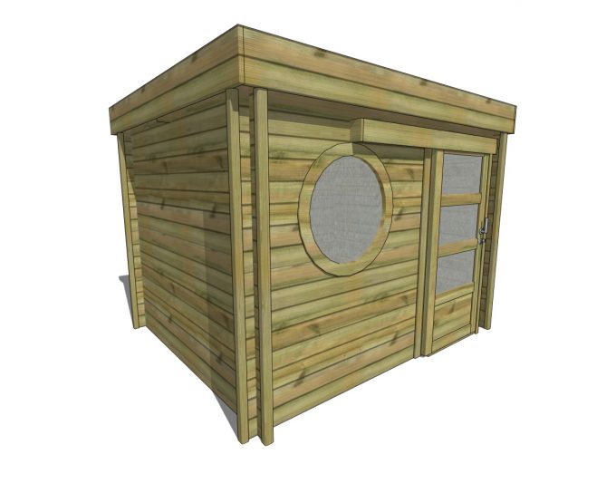 Abri de jardin madrier 14x13 avec rangement integre vue exterieure
