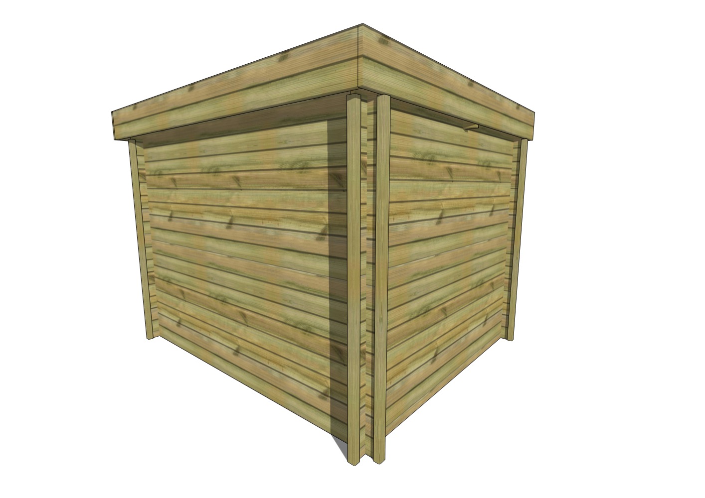 Abri de jardin carré en bois, rendu 3D.