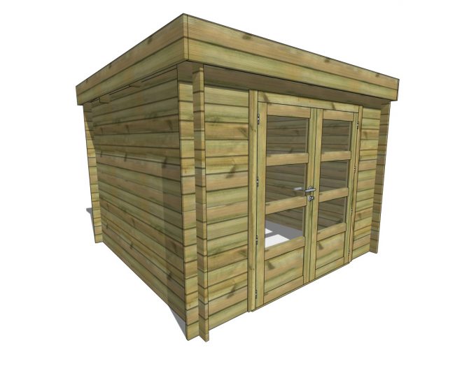 Abri de jardin madrier 14x13 toit plat vue exterieure