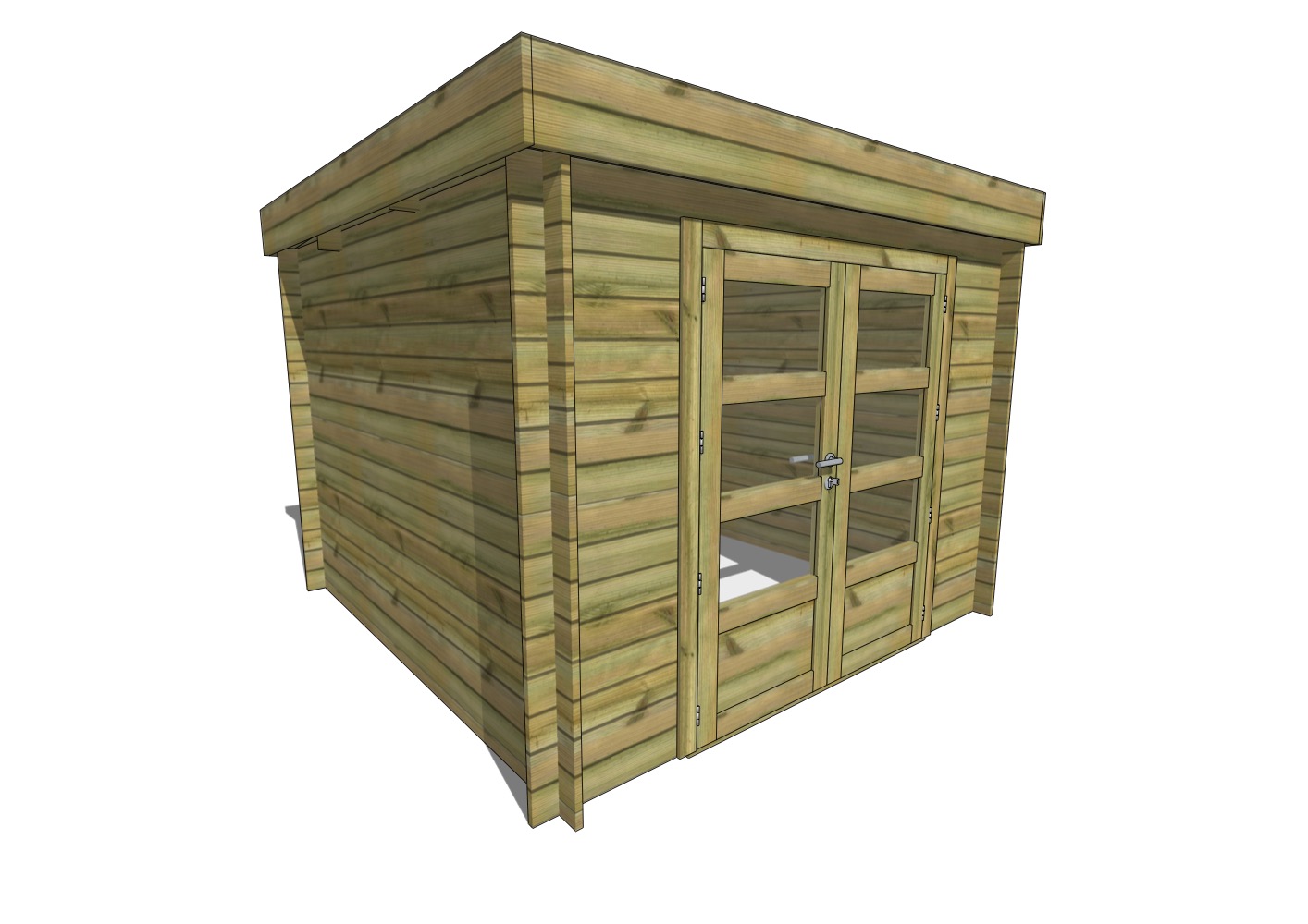 Abri de jardin madrier 14x13 toit plat vue exterieure