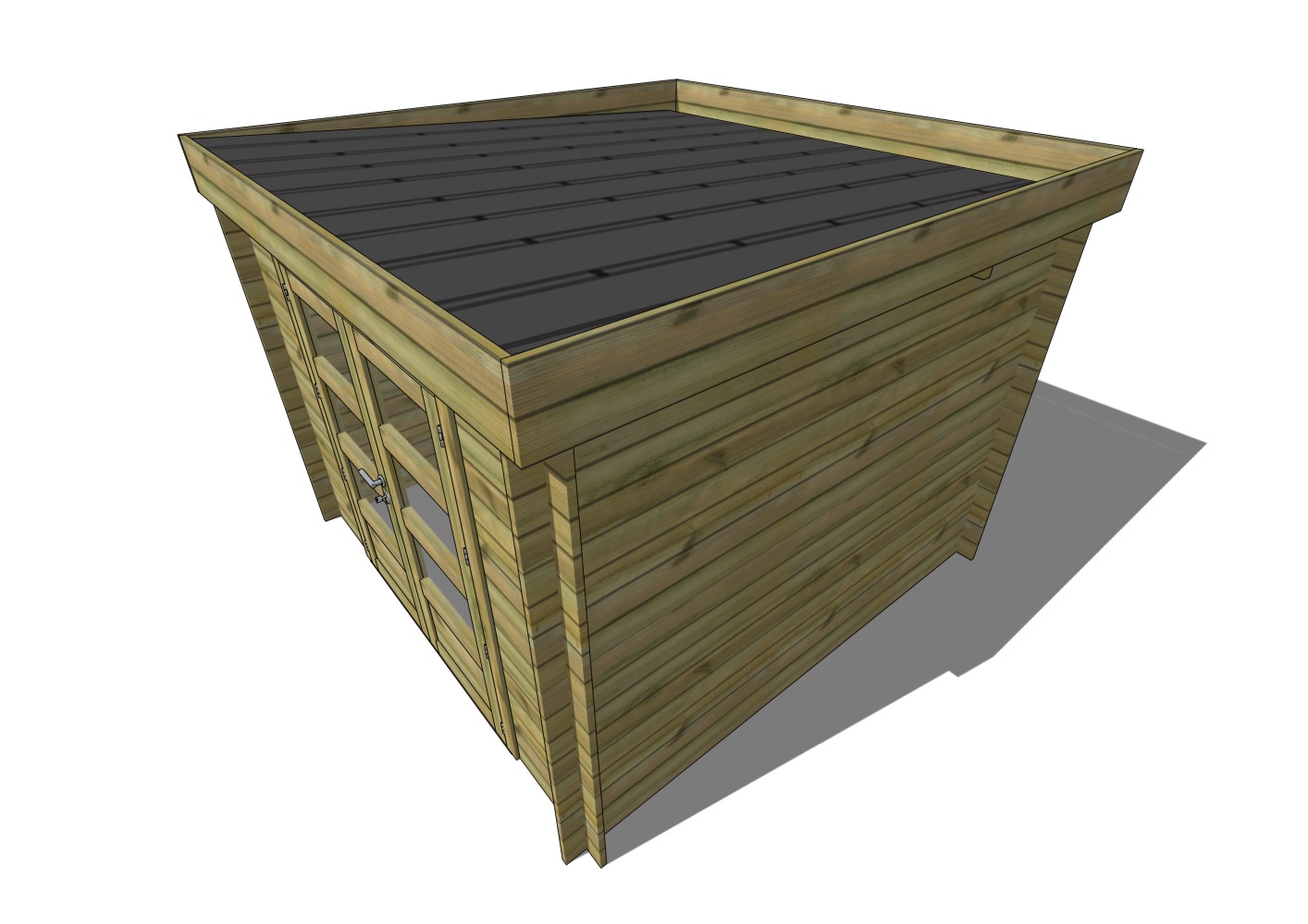 Abri de jardin en bois avec toit plat et doubles portes.