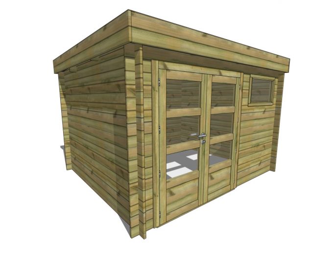 Abri de jardin en bois à toit plat, double porte vitrée.