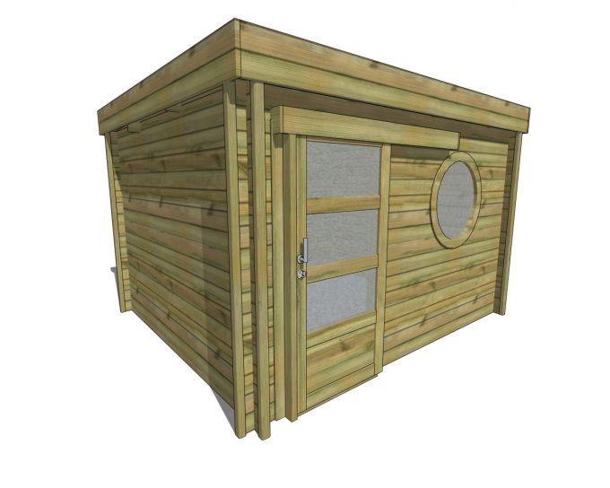 Abri de jardin moderne en bois avec porte coulissante.