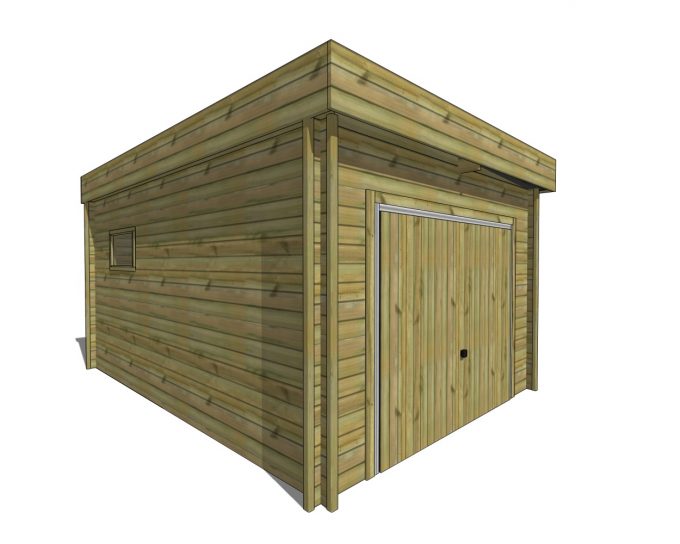 Abri de jardin moderne en bois avec porte de garage.
