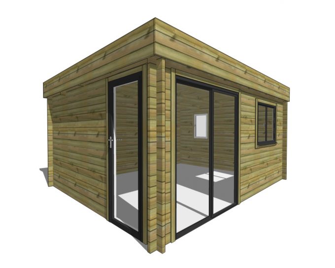Abri de jardin moderne en bois, porte vitrée et baies coulissantes.
