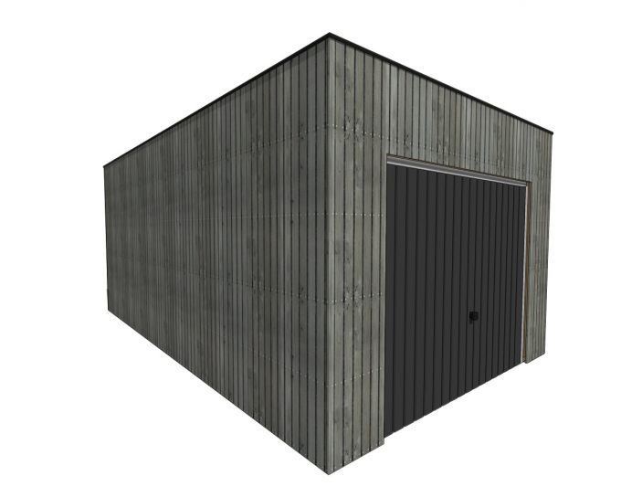 Garage moderne en bois gris avec porte anthracite sur fond blanc.